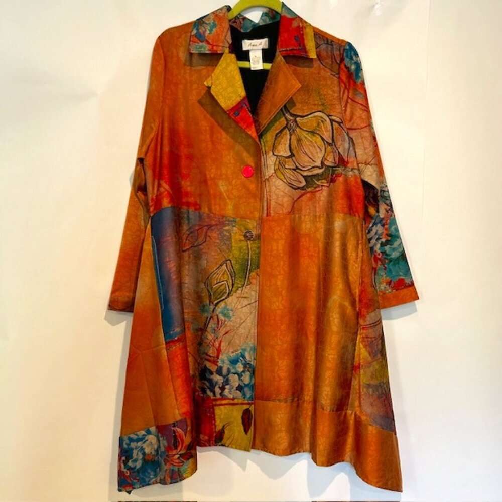 Anis.A multi colored Boho jacket.  Feels like silk